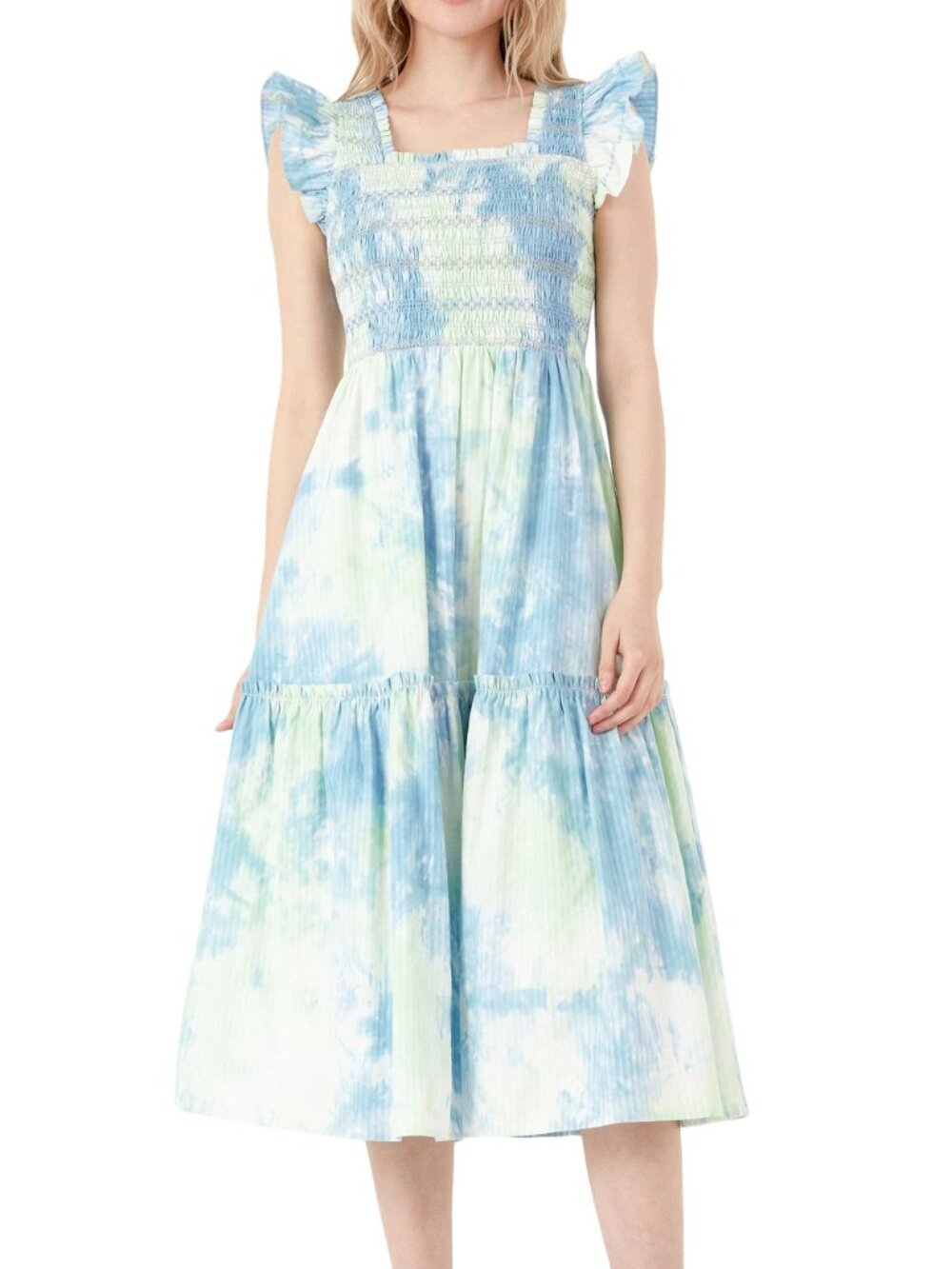 Free The Roses Tie-dye Smocked Detail Midi Dress Cottagecore Costal Boho xs